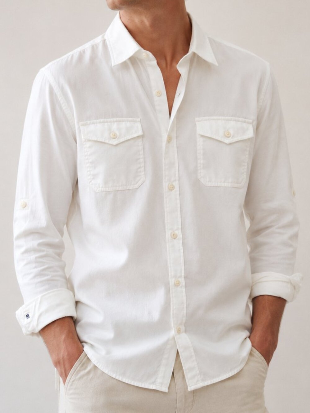 Selected Homme Cotton Blend Button Down Long Sleeve Shirt Ivory 15.75 Regular